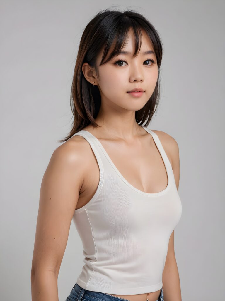 ((portrait)) Asian teen girl, bangs cut, straight hair, realistic detailed angelic round face, portrait shot, perfect curved body, ((low cut tight (tank top))), perfect anatomy, white background, side perspective, ((no background))