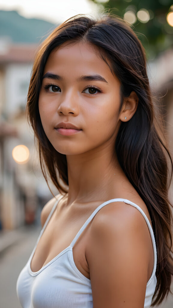 ((portrait)) a young Peruvian teen girl, straight hair, realistic detailed angelic round face, portrait shot, perfect curved body, ((low cut tight (top))), perfect anatomy, side perspective