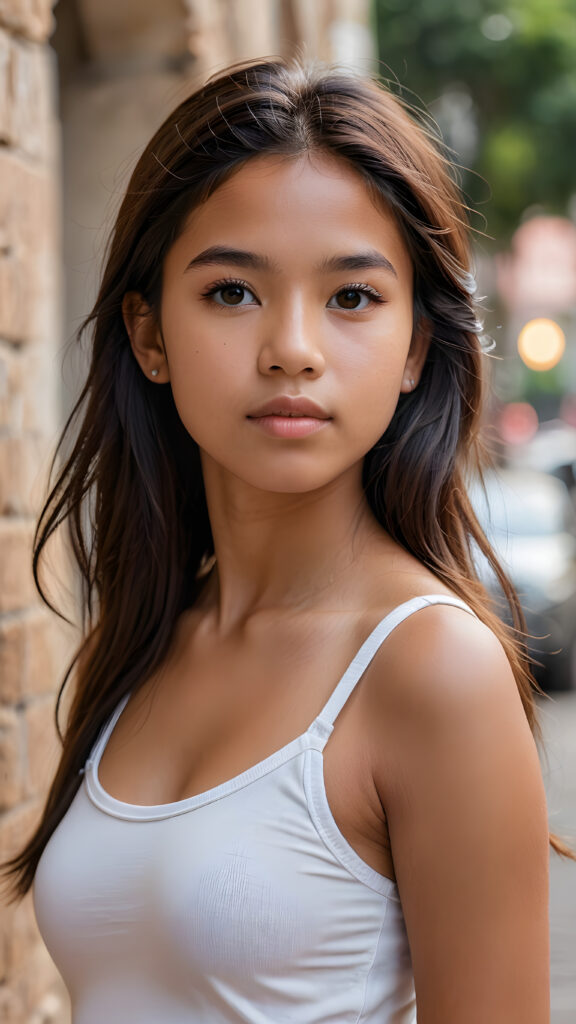 ((portrait)) a young Peruvian teen girl, straight hair, realistic detailed angelic round face, portrait shot, perfect curved body, ((low cut tight (top))), perfect anatomy, side perspective