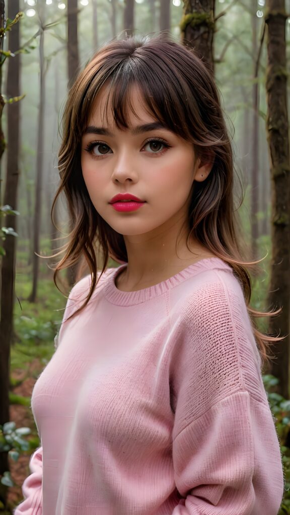 ((portrait)) a young cute busty tanned teen girl with long, straight and shiny jet brown hair, bangs frame her face, ((full plump red lips)), wears a ((form-fitting pink sweater made of fine wool)), looks seductively at the viewer. In the background a misty, gloomy forest with faint moonlight, she has a perfect fit curved body, ((side view))