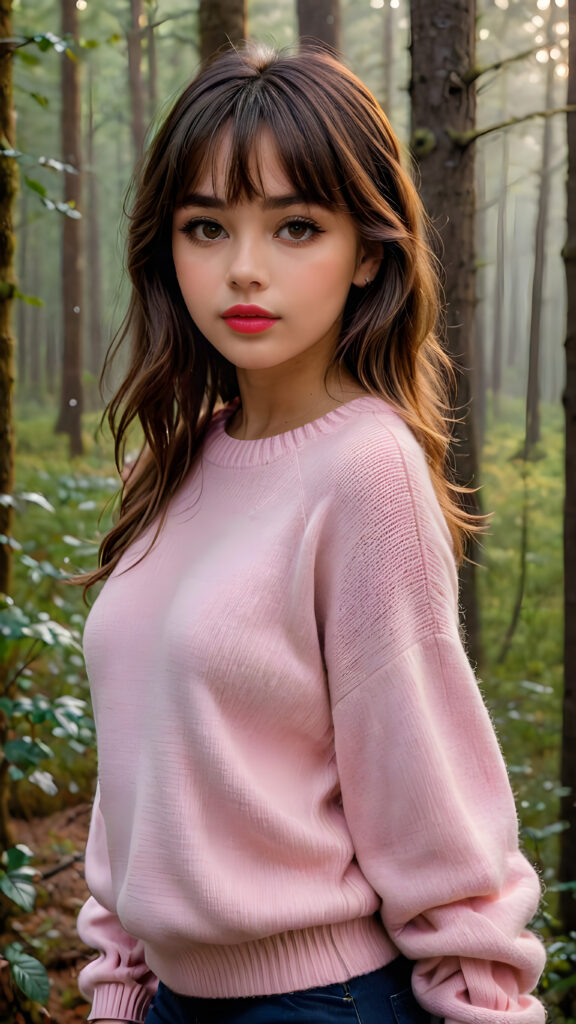 ((portrait)) a young cute busty tanned teen girl with long, straight and shiny jet brown hair, bangs frame her face, ((full plump red lips)), wears a ((form-fitting pink sweater made of fine wool)), looks seductively at the viewer. In the background a misty, gloomy forest with faint moonlight, she has a perfect fit curved body, ((side view))