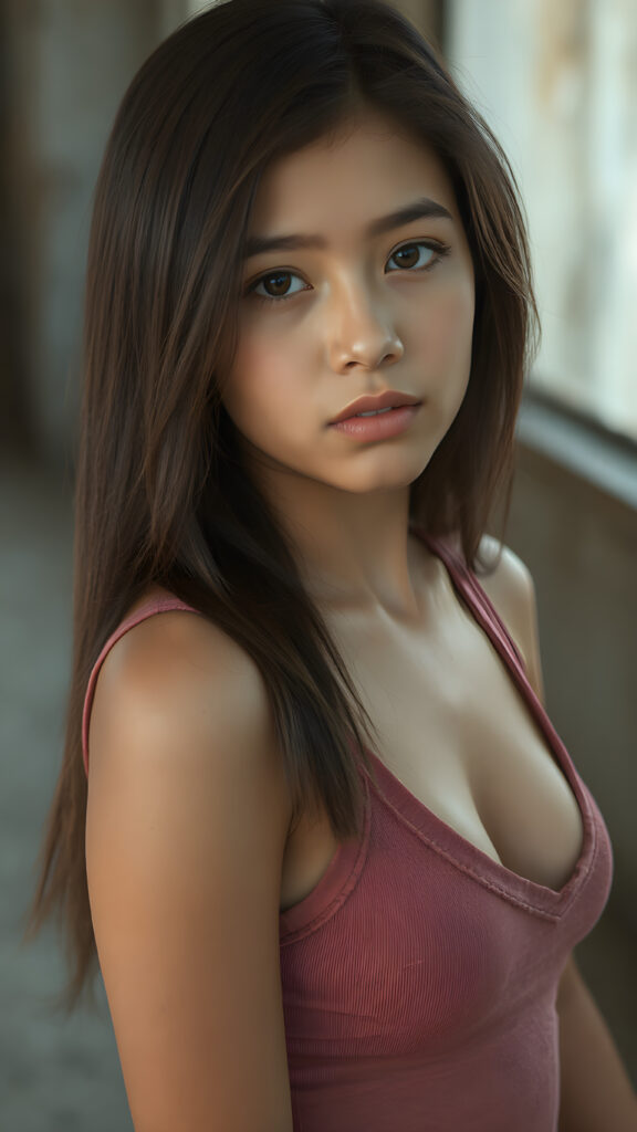 ((portrait)) a young well busty Peruvian teen girl, straight hair, realistic detailed angelic round face, portrait shot, perfect curved body, ((low cut tight tank top with deep v-neck, open front))), perfect anatomy, side perspective