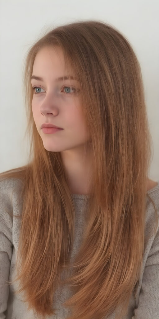 portrait, a thoughtful (((cute girl))) with long soft red straight hair