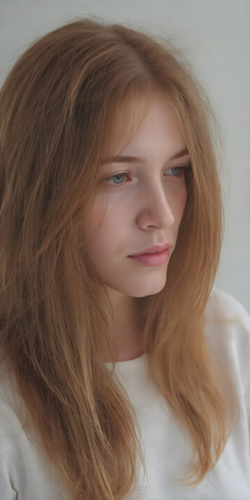 portrait, a thoughtful (((cute girl))) with long soft red straight hair