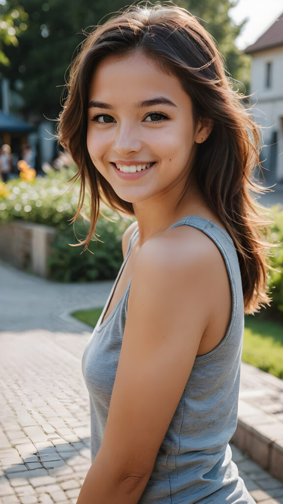 portrait, a young cute girl, perfect curved body, grey tank top, smile