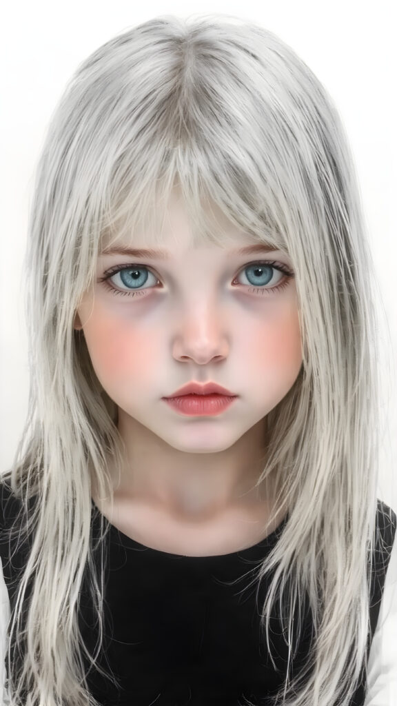 ((portrait)), detailed pencil hand drawing, silvery-skinned (((young girl))), long straight platinum hair, (((black thin and short dress)))