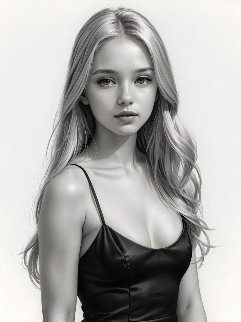 ((portrait)), detailed pencil drawing, silvery-skinned (((young girl))), long straight platinum hair, (((black thin and short dress)))