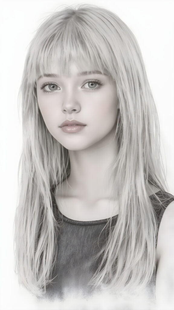 ((portrait)), detailed pencil handdrawing, silvery-skinned (((young girl))), long straight platinum hair, (((black thin and short dress)))