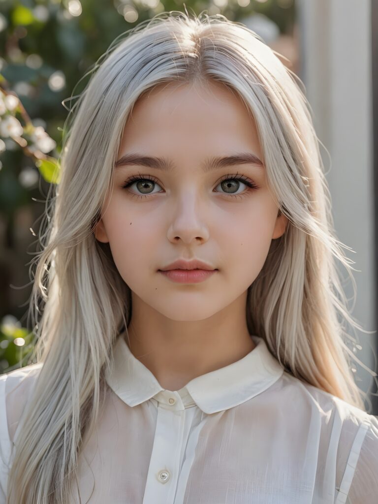 ((portrait)), detailed pencil drawing, silvery-skinned (((young girl))), long straight platinum hair, white shirt