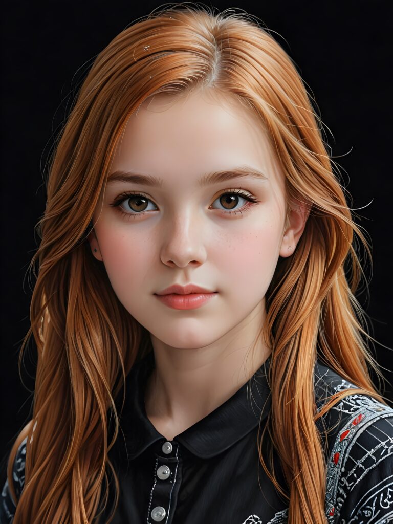 ((portrait)), detailed pencil drawing, silvery-skinned (((young teen girl))), long straight red hair ((black background))