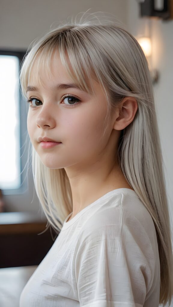 ((portrait)), detailed, silvery-skinned (((young cute girl))), 12 years old, long straight platinum hair, bangs cut, white t-shirt, side view