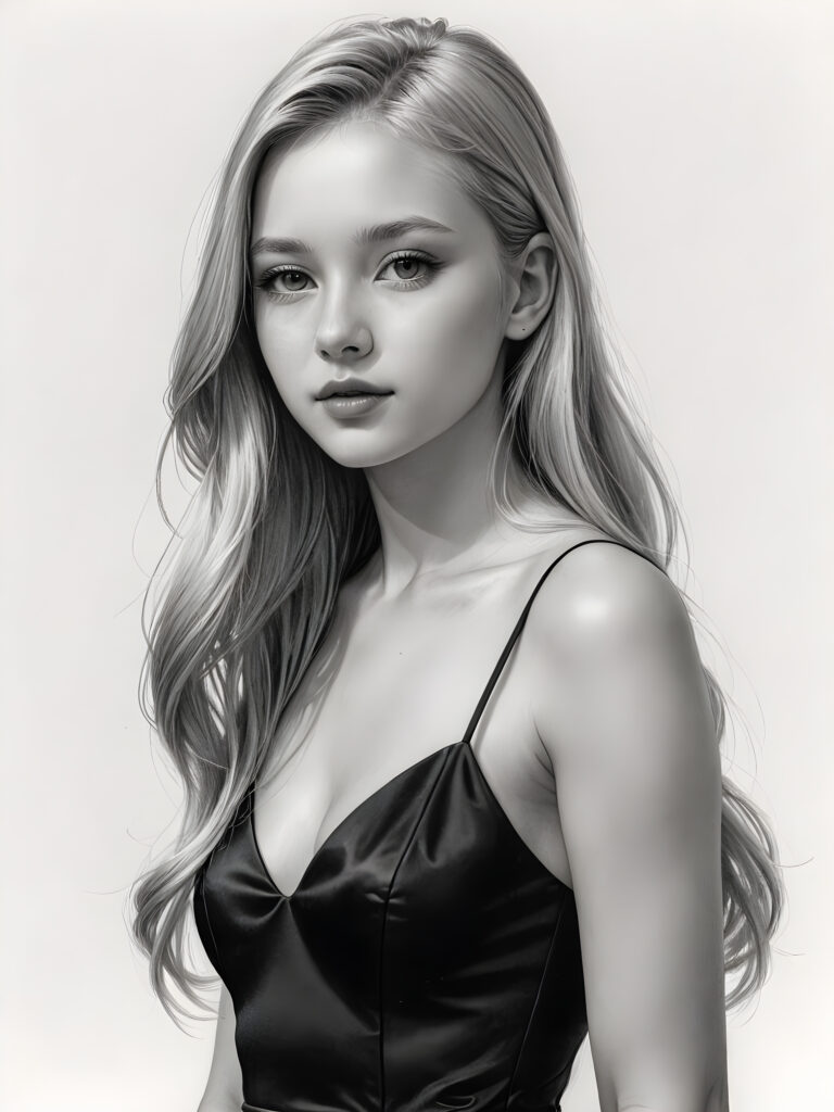 ((portrait)), detailed pencil drawing, silvery-skinned (((young girl))), long straight platinum hair, (((black thin and short dress)))