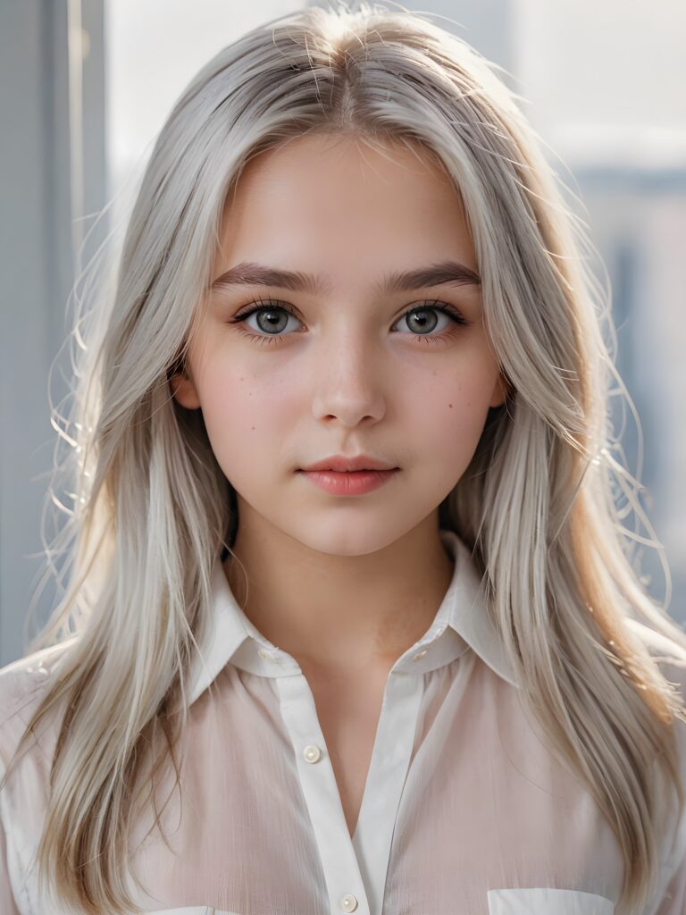 ((portrait)), detailed pencil drawing, silvery-skinned (((young girl))), long straight platinum hair, white shirt