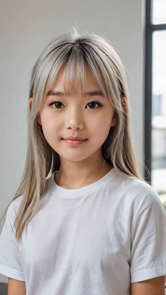 ((portrait)), detailed, (((Asian young cute girl))), 12 years old, long straight platinum hair, bangs cut, white t-shirt