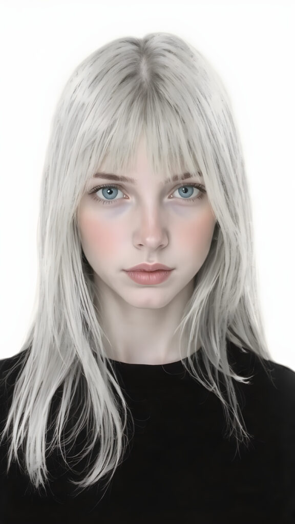 ((portrait)), detailed pencil hand drawing, silvery-skinned (((young girl))), long straight platinum hair, (((black thin and short dress)))