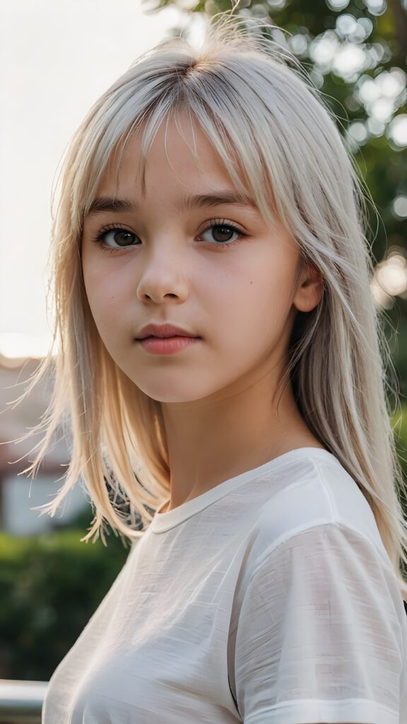 ((portrait)), detailed, silvery-skinned (((young cute girl))), 12 years old, long straight platinum hair, bangs cut, white t-shirt, side view