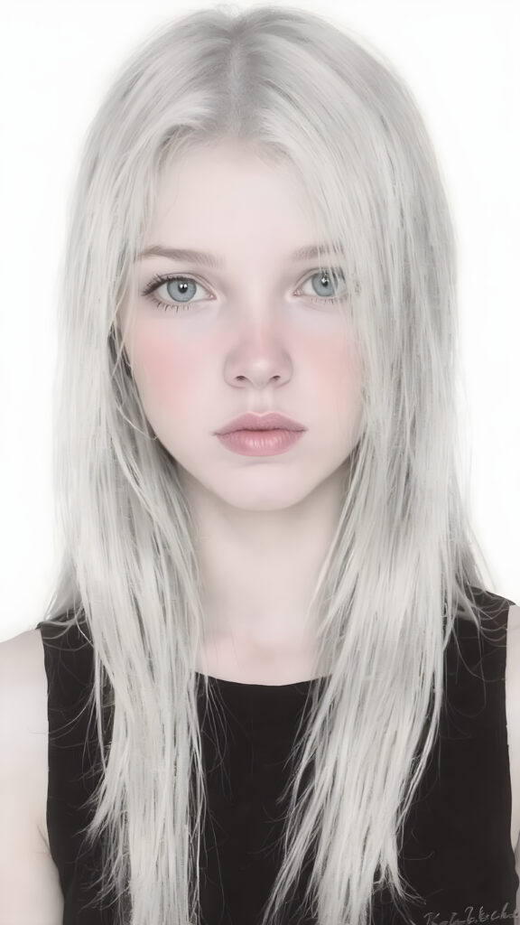 ((portrait)), detailed pencil drawing, silvery-skinned (((young girl))), long straight platinum hair, (((black thin and short dress)))