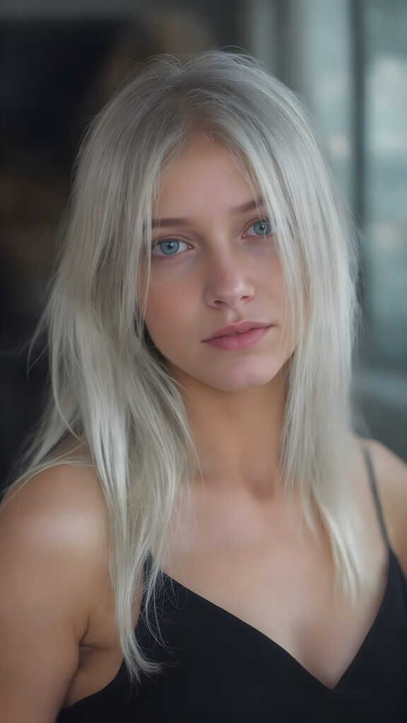 ((portrait)), detailed pencil drawing, silvery-skinned (((young well busty teen girl))), long straight platinum hair, (((black thin and short dress)))