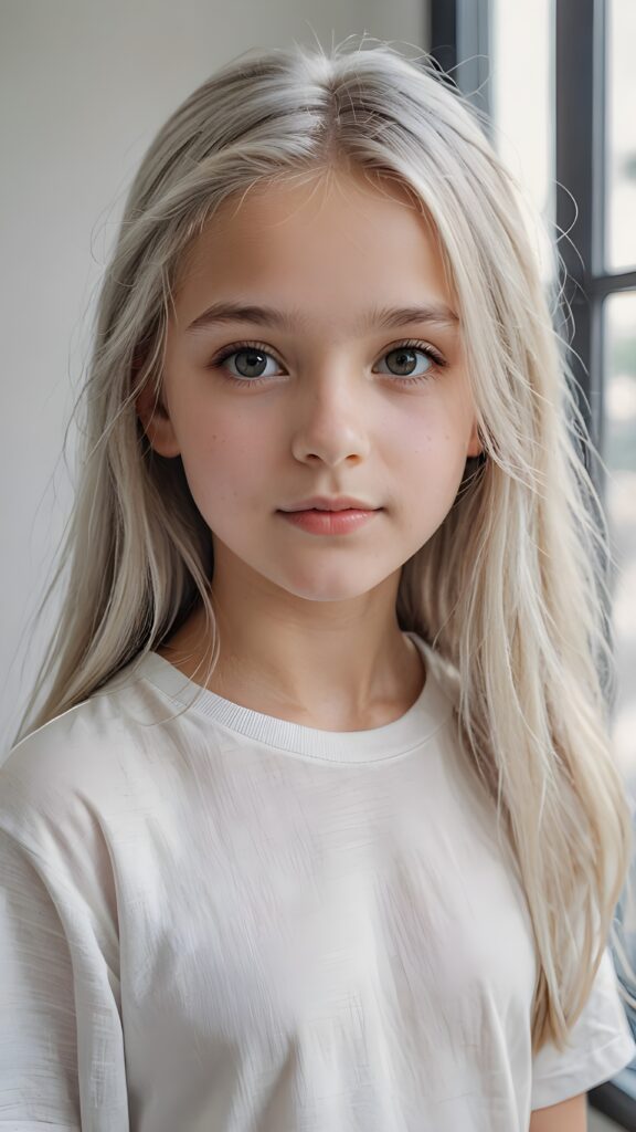 ((portrait)), detailed pencil drawing, silvery-skinned (((young girl))), 12 years old, long straight platinum hair, white t-shirt