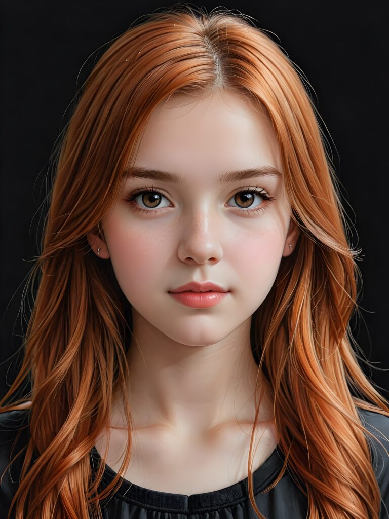 ((portrait)), detailed pencil drawing, silvery-skinned (((young teen girl))), long straight red hair ((black background))