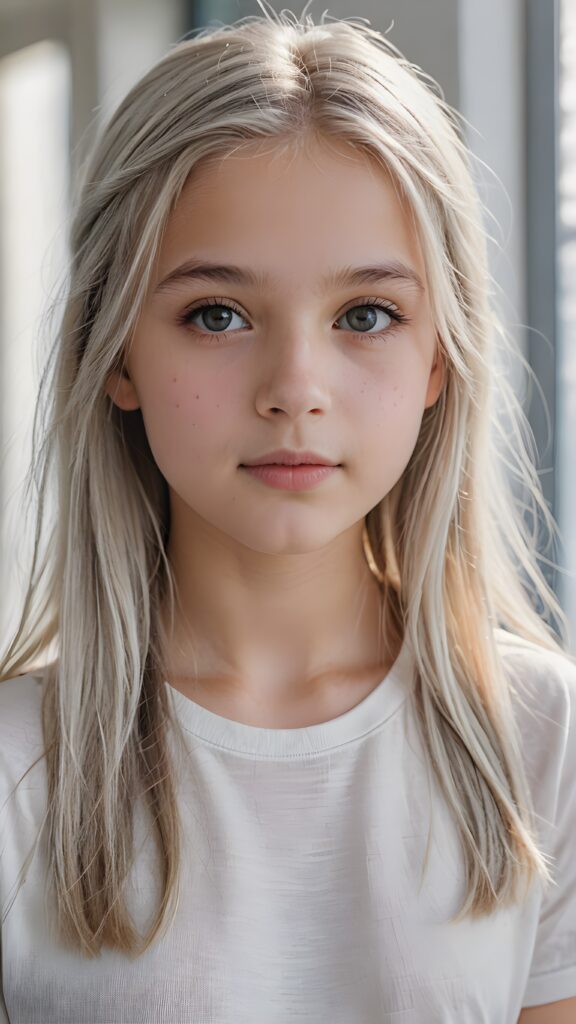 ((portrait)), detailed pencil drawing, silvery-skinned (((young girl))), 12 years old, long straight platinum hair, white t-shirt