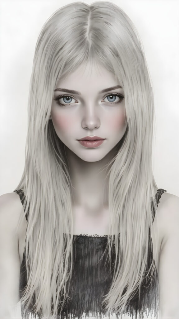 ((portrait)), detailed pencil hand drawing, silvery-skinned (((young girl))), long straight platinum hair, (((black thin and short dress)))