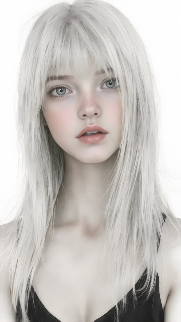 ((portrait)), detailed pencil drawing, silvery-skinned (((young girl))), long straight platinum hair, (((black thin and short dress)))