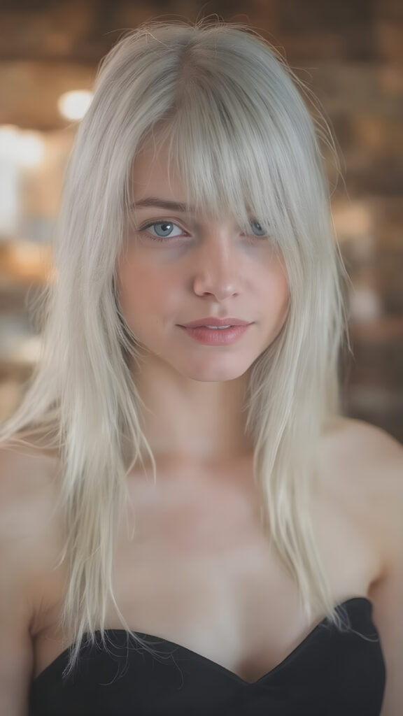 ((portrait)), detailed pencil drawing, silvery-skinned (((young well busty teen girl))), long straight platinum hair, (((black thin and short dress)))