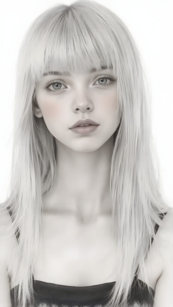 ((portrait)), detailed pencil drawing, silvery-skinned (((young girl))), long straight platinum hair, (((black thin and short dress)))