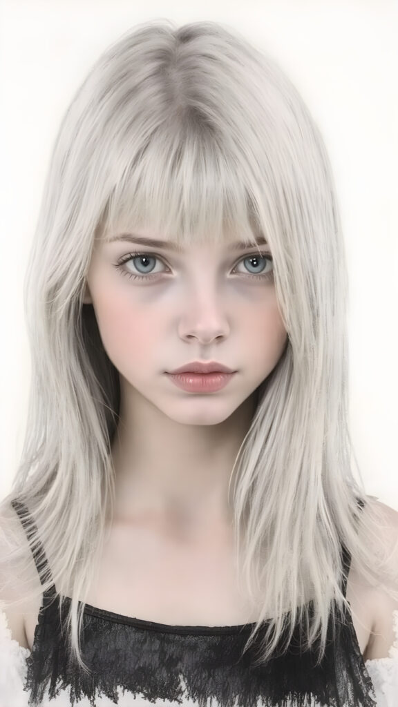 ((portrait)), detailed pencil hand drawing, silvery-skinned (((young girl))), long straight platinum hair, (((black thin and short dress)))