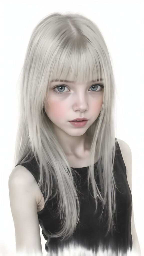 ((portrait)), detailed pencil drawing, silvery-skinned (((young girl))), long straight platinum hair, (((black thin and short dress)))