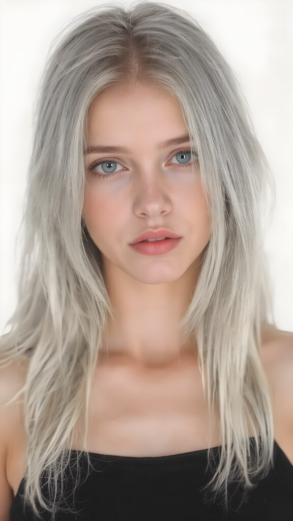 ((portrait)), detailed pencil drawing, silvery-skinned (((young well busty teen girl))), long straight platinum hair, (((black thin and short dress)))