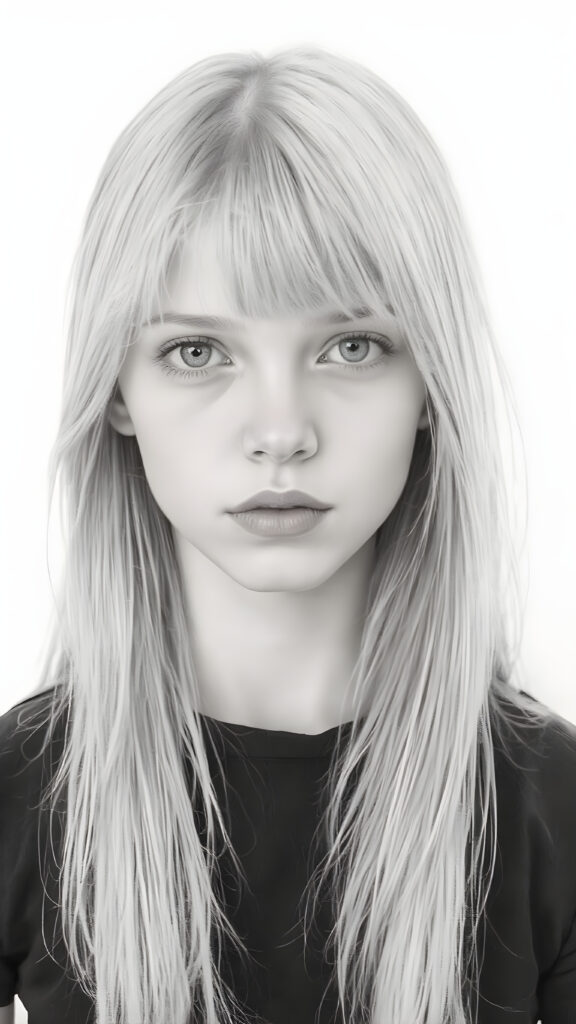 ((portrait)), detailed pencil hand drawing, silvery-skinned (((young girl))), long straight platinum hair, (((black thin and short dress)))