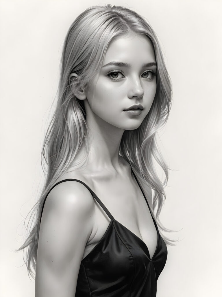 ((portrait)), detailed pencil drawing, silvery-skinned (((young girl))), long straight platinum hair, (((black thin and short dress)))