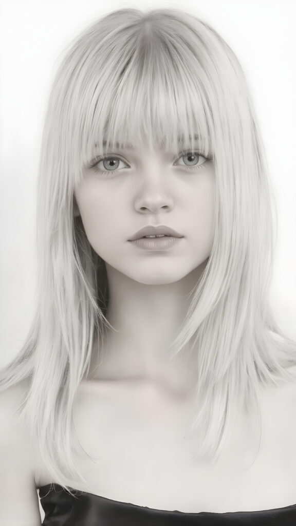 ((portrait)), detailed pencil handdrawing, silvery-skinned (((young girl))), long straight platinum hair, (((black thin and short dress)))