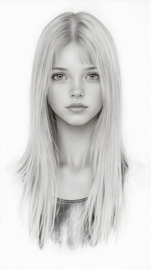 ((portrait)), detailed pencil handdrawing, silvery-skinned (((young girl))), long straight platinum hair, (((black thin and short dress)))