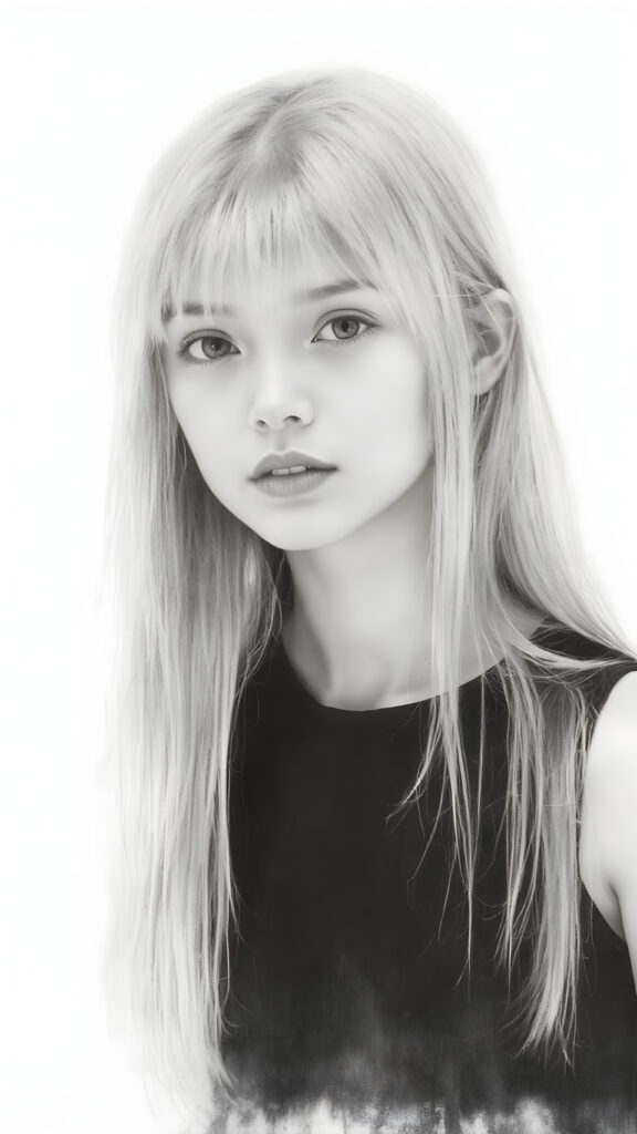 ((portrait)), detailed pencil handdrawing, silvery-skinned (((young girl))), long straight platinum hair, (((black thin and short dress)))