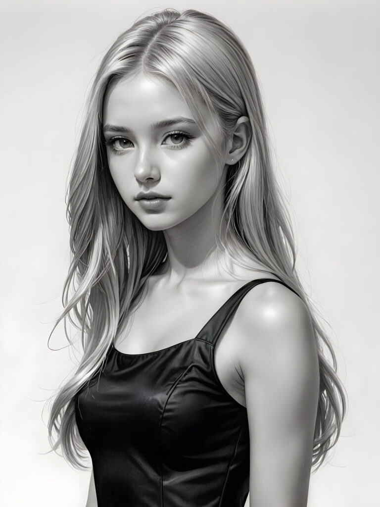 ((portrait)), detailed pencil drawing, silvery-skinned (((young girl))), long straight platinum hair, (((black thin and short dress)))