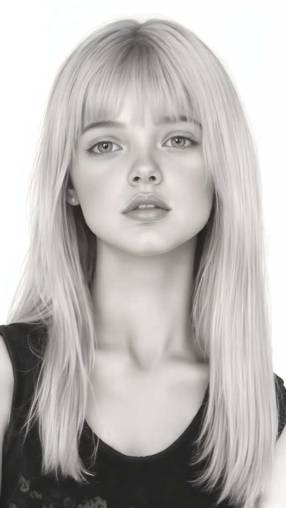 ((portrait)), detailed pencil handdrawing, silvery-skinned (((young girl))), long straight platinum hair, (((black thin and short dress)))