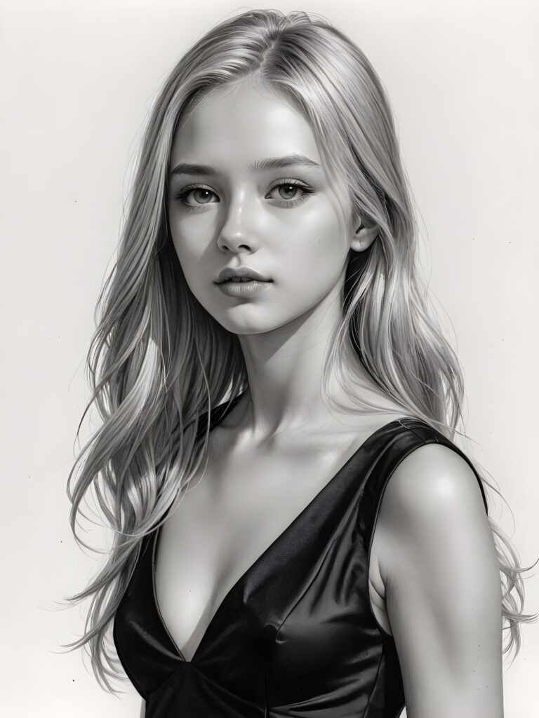 ((portrait)), detailed pencil drawing, silvery-skinned (((young girl))), long straight platinum hair, (((black thin and short dress)))