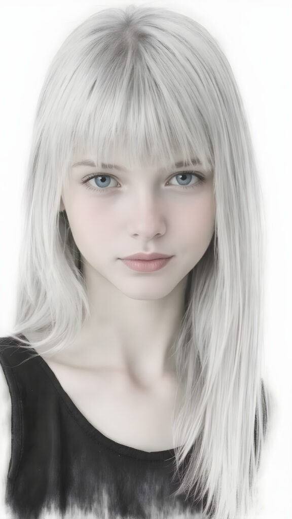 ((portrait)), detailed pencil handdrawing, silvery-skinned (((young girl))), long straight platinum hair, (((black thin and short dress)))