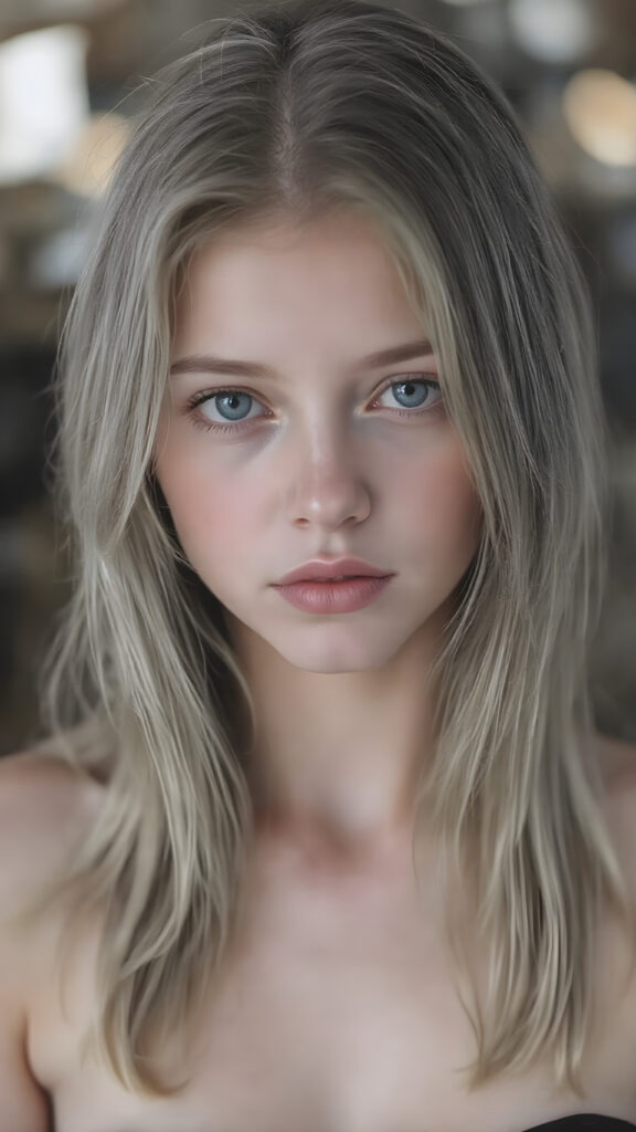 ((portrait)), detailed pencil drawing, silvery-skinned (((young well busty teen girl))), long straight platinum hair, (((black thin and short dress)))