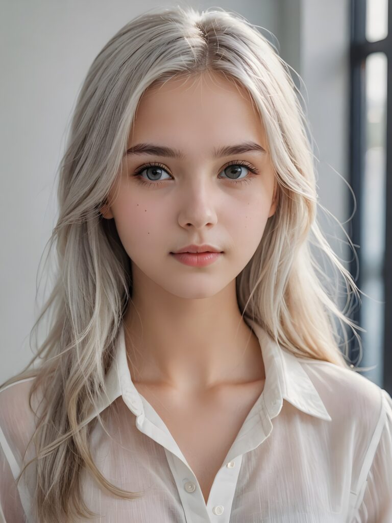 ((portrait)), detailed pencil drawing, silvery-skinned (((young girl))), long straight platinum hair, white shirt