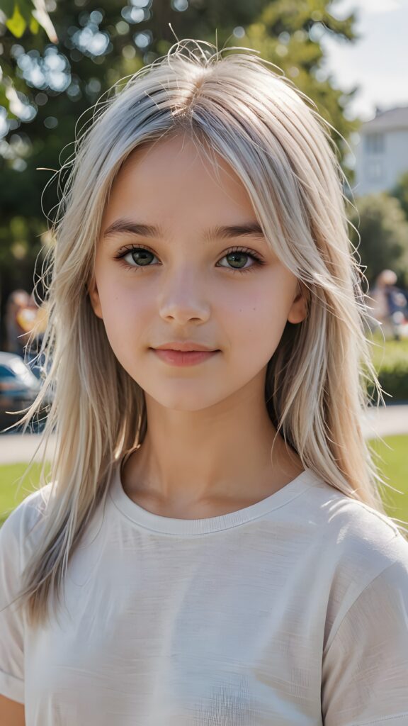 ((portrait)), detailed, silvery-skinned (((young cute girl))), 12 years old, long straight platinum hair, bangs cut, white t-shirt, side view