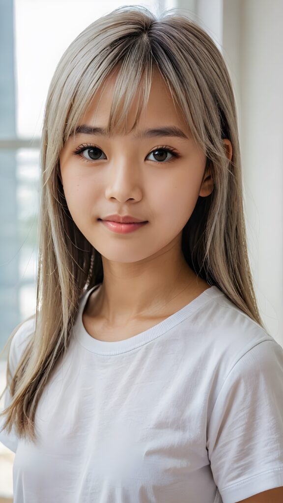 ((portrait)), detailed, (((Asian young cute girl))), 12 years old, long straight platinum hair, bangs cut, white t-shirt