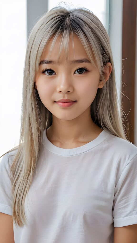 ((portrait)), detailed, (((Asian young cute girl))), 12 years old, long straight platinum hair, bangs cut, white t-shirt