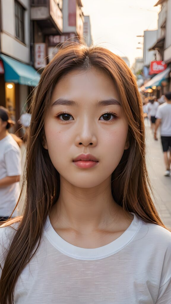 portrait from a (((beautiful little korean girl))) with glowing white skin and rosy cheek, wearing a thin white t-shirt, long, flowing (((straight light brown hair))), and a ((small mouth)) with rosy lips, looking puzzled and lost in the street, as if wondering where she is going