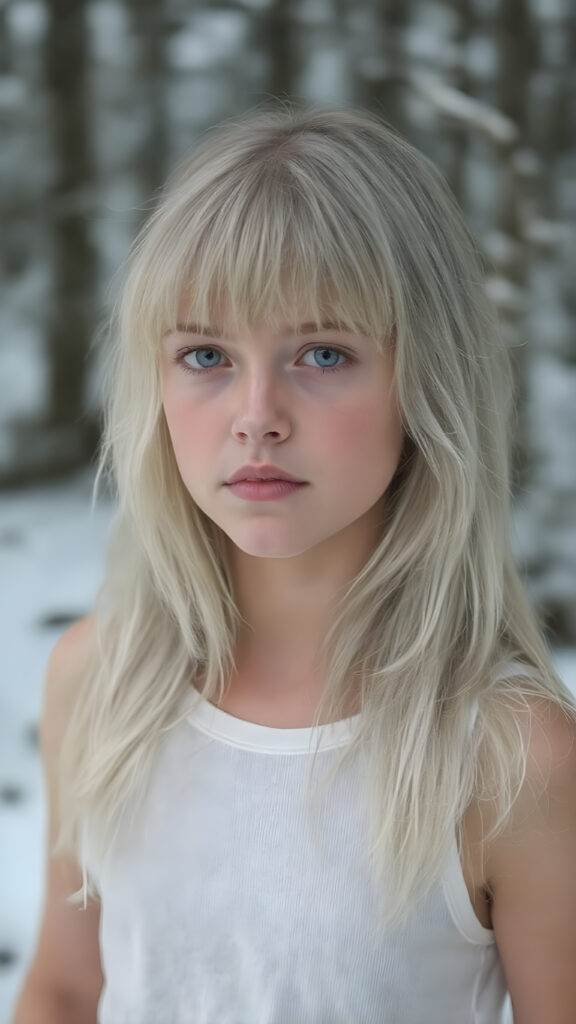 portrait from a silver skinned young girl with white soft long straight hair, bangs cut, white dressed in a tank top, in snow, forest