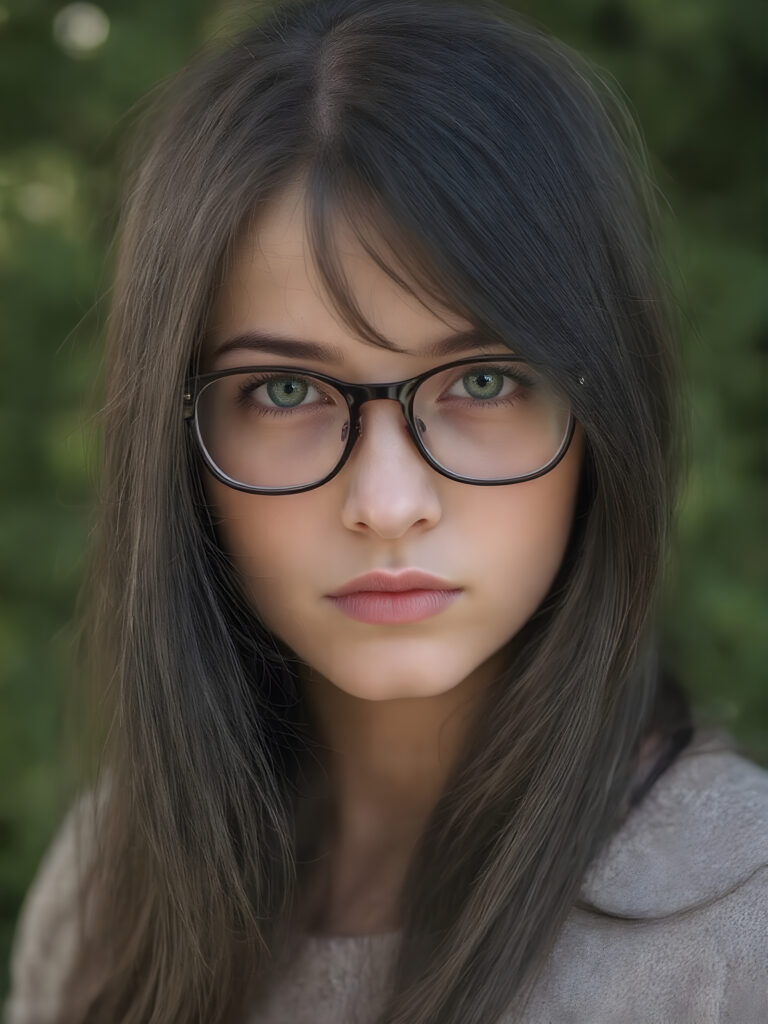 portrait from a stunningly beautiful young nerd girl, wearing a large, dark prescription glasses, age 15, with ((black long straight jet super soft hair (luminous)), flowing down to her waist, and (((bright amber eyes))), that match perfectly with her flawless complexion. She's dressed in a tight ((wool sweater)), perfectly complemented by her (perfectly proportioned figure). Her look exudes seduction and playfulness, as she gazes directly at the viewer, all against a sunny green backdrop