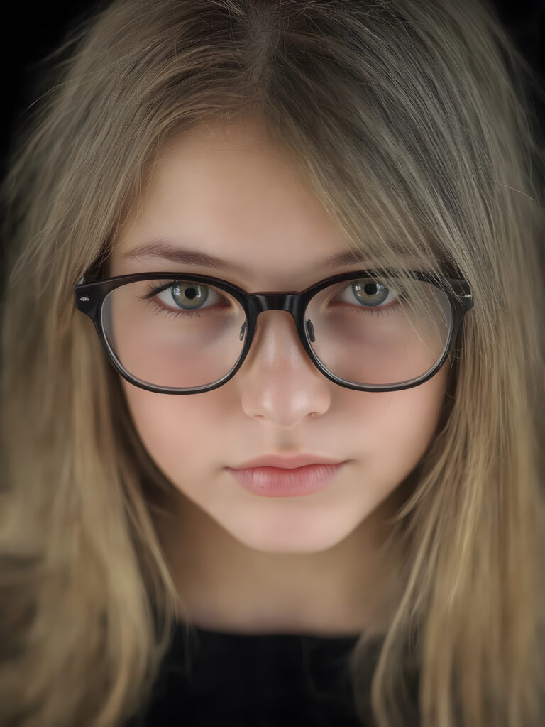 portrait from a stunningly beautiful young nerd girl, wearing a large, dark prescription glasses, age 15, with ((brown long straight jet hair (luminous)), flowing down to her waist, and (((bright amber eyes))), that match perfectly with her flawless complexion. She's dressed in a tight ((wool sweater)), perfectly complemented by her (perfectly proportioned figure). Her look exudes seduction and playfulness, as she gazes directly at the viewer. Her focus on the camera is intense, with a soft, inviting expression that draws you in. The background is black, providing a perfect contrast to her youthful face, and making her features stand out perfectly.